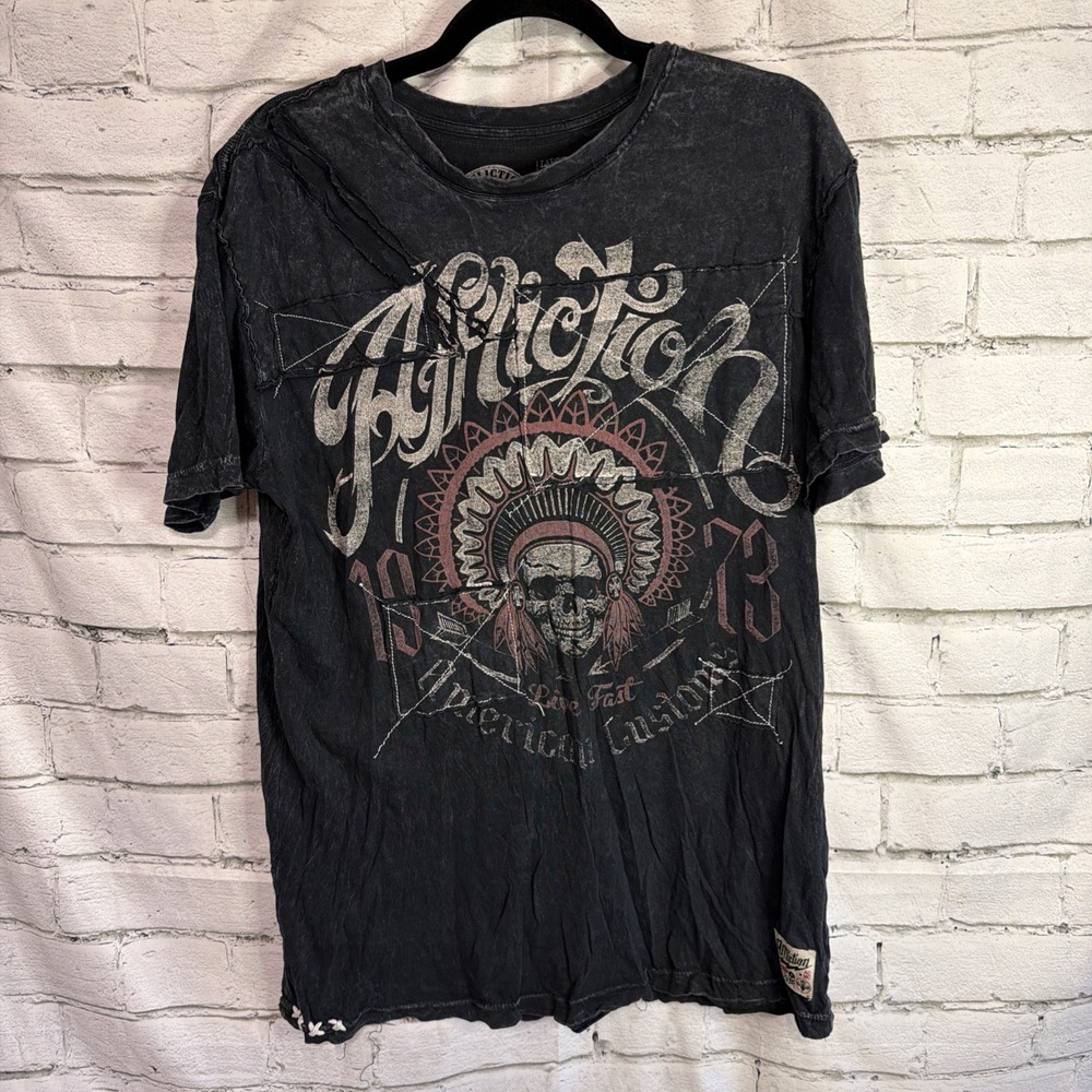 AFFLICTION American Customs Black Y2K Indian Chief Grunge Distressed L Shirt